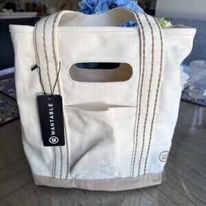 Wantable Mini Canvas Tote In Cream and Tan With Detachable Strap New